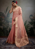 Monjolika Fashion Moiety Light Peach Soft Tissue Silk Saree With Tissue Brocade Blouse Piece | Grocsy