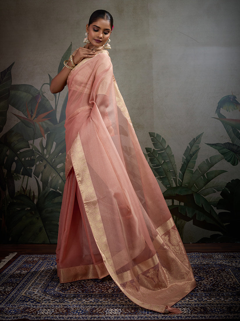 Monjolika Fashion Moiety Light Peach Soft Tissue Silk Saree With Tissue Brocade Blouse Piece | Grocsy