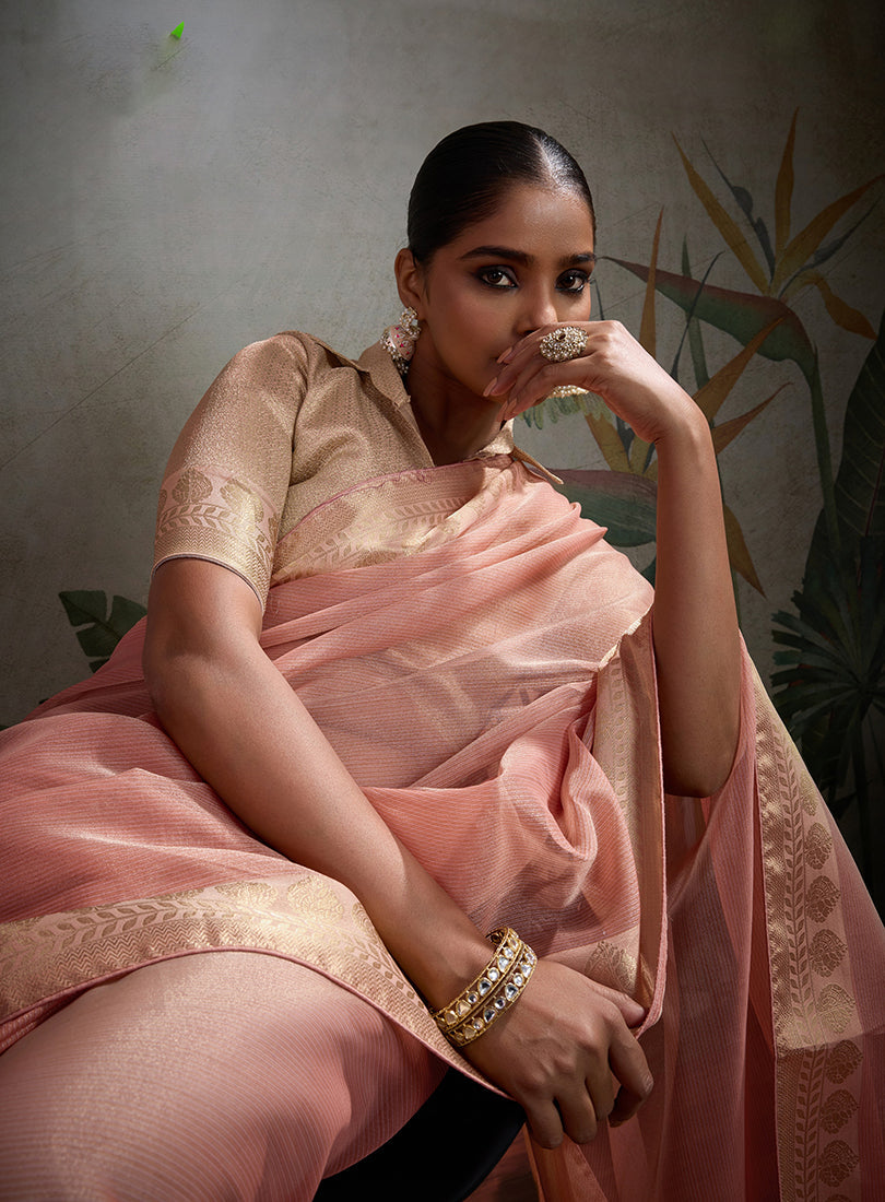 Monjolika Fashion Moiety Light Peach Soft Tissue Silk Saree With Tissue Brocade Blouse Piece | Grocsy