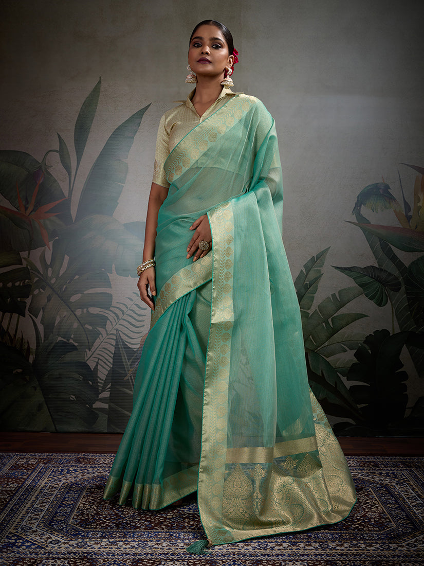 Monjolika Fashion Moiety Light Blue Soft Tissue Silk Saree With Tissue Brocade Blouse Piece | Grocsy