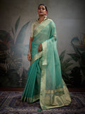 Monjolika Fashion Moiety Light Blue Soft Tissue Silk Saree With Tissue Brocade Blouse Piece | Grocsy