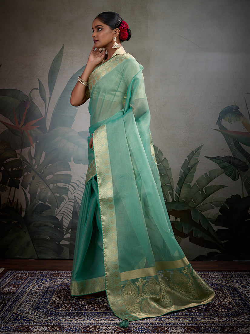 Monjolika Fashion Moiety Light Blue Soft Tissue Silk Saree With Tissue Brocade Blouse Piece | Grocsy