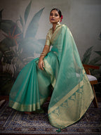 Monjolika Fashion Moiety Light Blue Soft Tissue Silk Saree With Tissue Brocade Blouse Piece | Grocsy