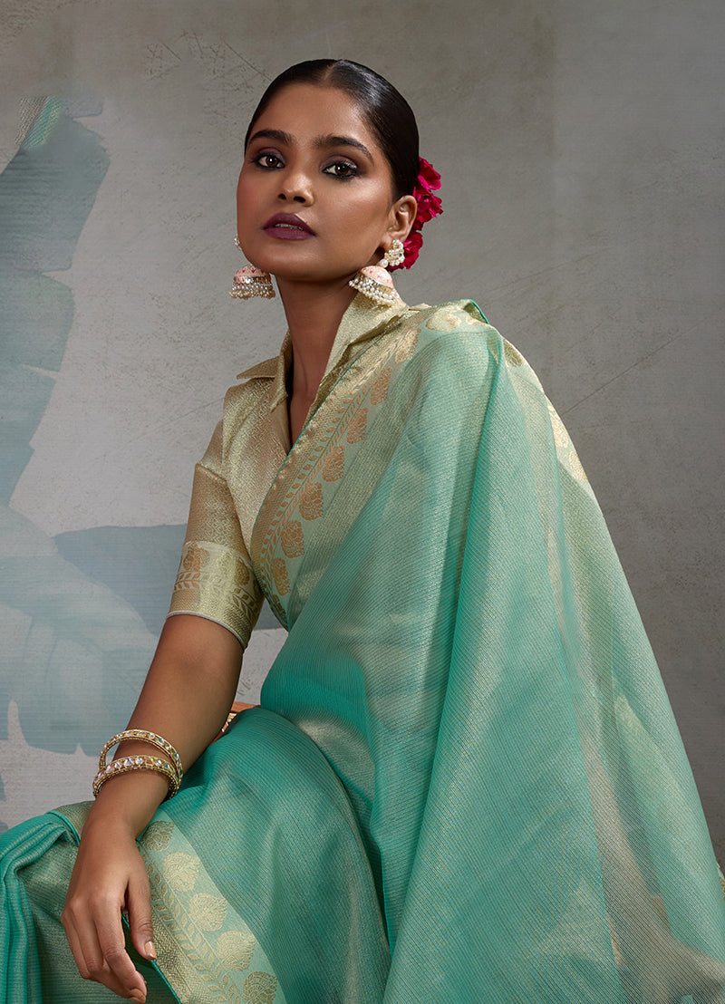 Monjolika Fashion Moiety Light Blue Soft Tissue Silk Saree With Tissue Brocade Blouse Piece | Grocsy