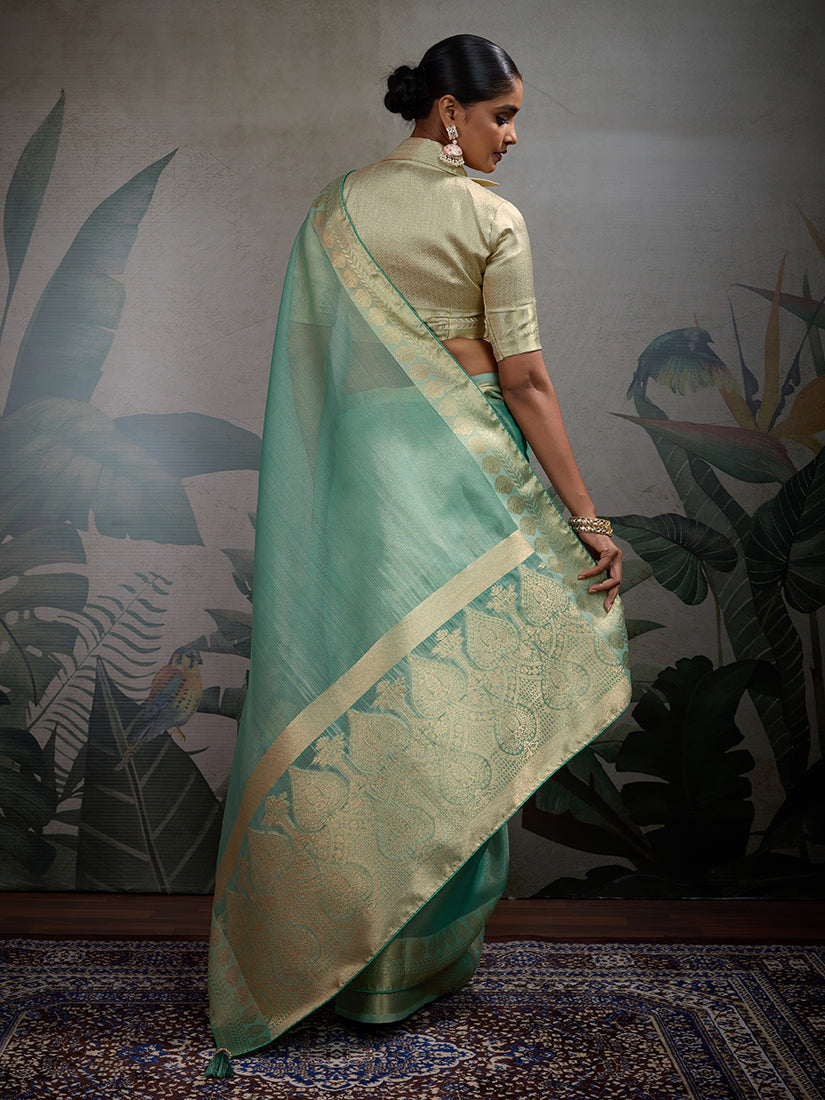 Monjolika Fashion Moiety Light Blue Soft Tissue Silk Saree With Tissue Brocade Blouse Piece | Grocsy