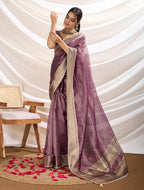 Monjolika Fashion Plum Color Soft Linen Tissue Designer Border Work Saree | Grocsy