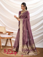 Monjolika Fashion Plum Color Soft Linen Tissue Designer Border Work Saree | Grocsy