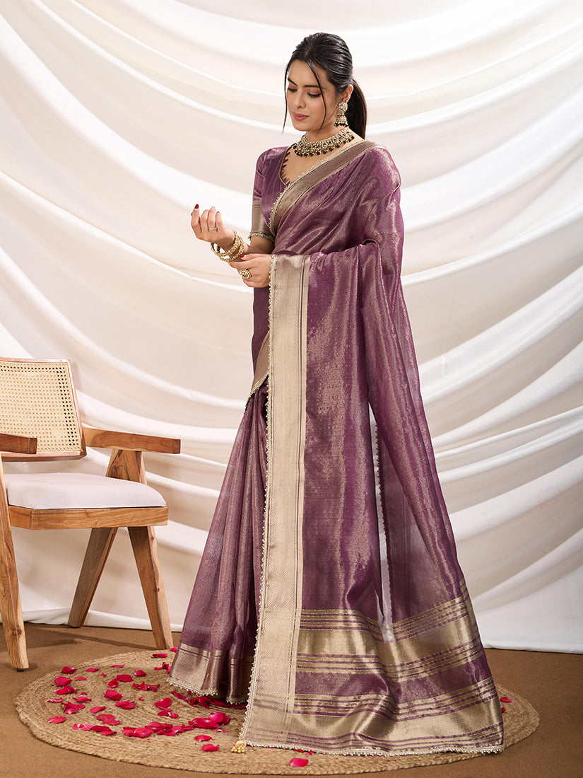 Monjolika Fashion Plum Color Soft Linen Tissue Designer Border Work Saree | Grocsy