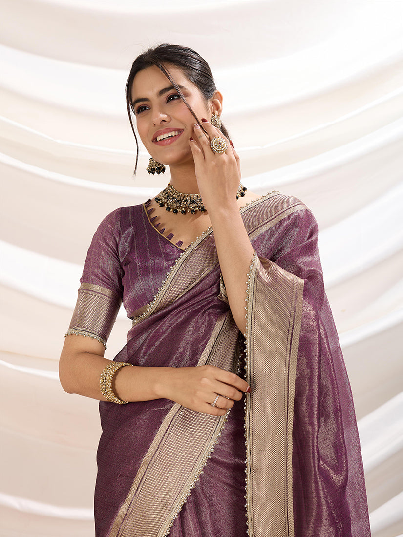 Monjolika Fashion Plum Color Soft Linen Tissue Designer Border Work Saree | Grocsy