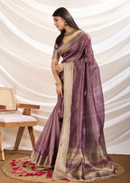 Monjolika Fashion Plum Color Soft Linen Tissue Designer Border Work Saree | Grocsy