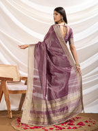 Monjolika Fashion Plum Color Soft Linen Tissue Designer Border Work Saree | Grocsy