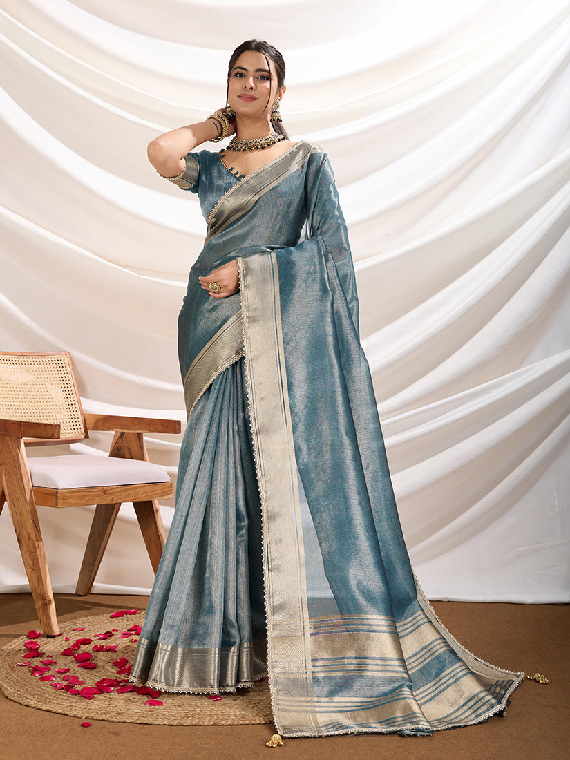 Monjolika Fashion Aqua Blue Color Soft Linen Tissue Designer Border Work Saree | Grocsy