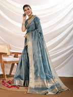 Monjolika Fashion Aqua Blue Color Soft Linen Tissue Designer Border Work Saree | Grocsy
