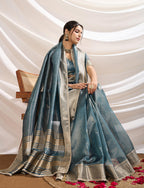 Monjolika Fashion Aqua Blue Color Soft Linen Tissue Designer Border Work Saree | Grocsy