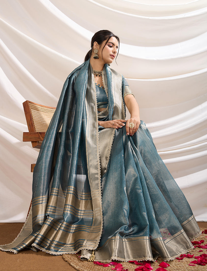 Monjolika Fashion Aqua Blue Color Soft Linen Tissue Designer Border Work Saree | Grocsy