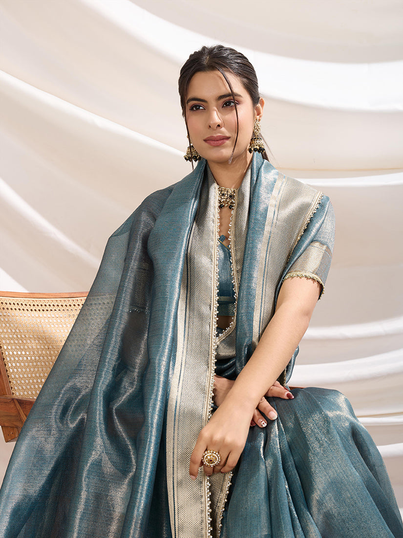 Monjolika Fashion Aqua Blue Color Soft Linen Tissue Designer Border Work Saree | Grocsy