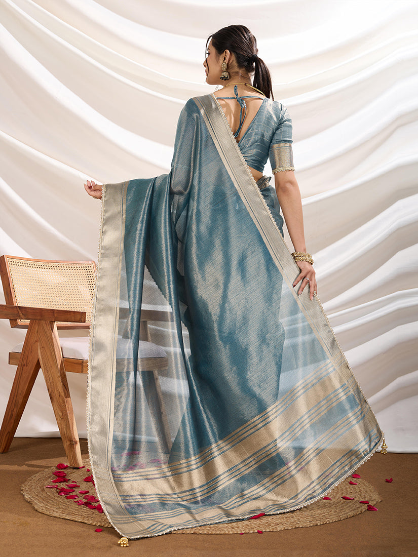 Monjolika Fashion Aqua Blue Color Soft Linen Tissue Designer Border Work Saree | Grocsy
