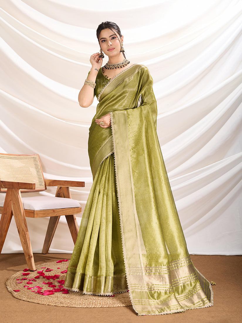 Monjolika Fashion Light Green Color Soft Linen Tissue Designer Border Work Saree | Grocsy
