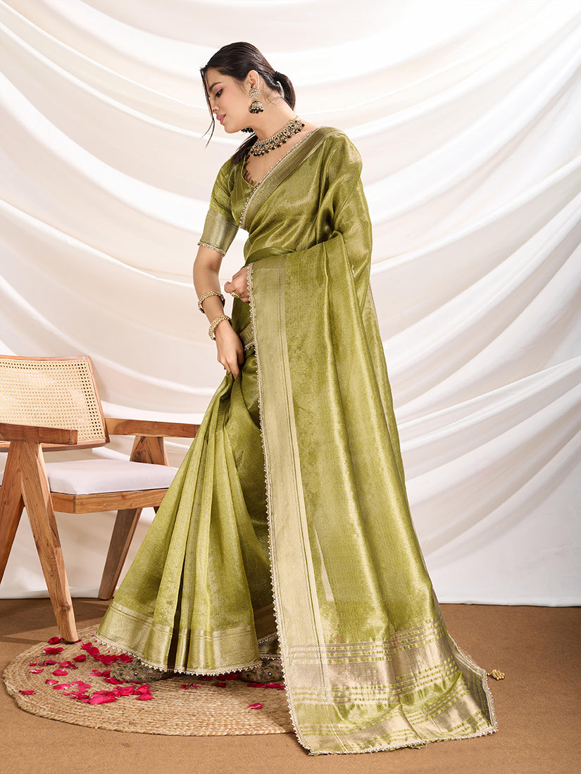 Monjolika Fashion Light Green Color Soft Linen Tissue Designer Border Work Saree | Grocsy