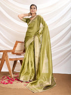 Monjolika Fashion Light Green Color Soft Linen Tissue Designer Border Work Saree | Grocsy