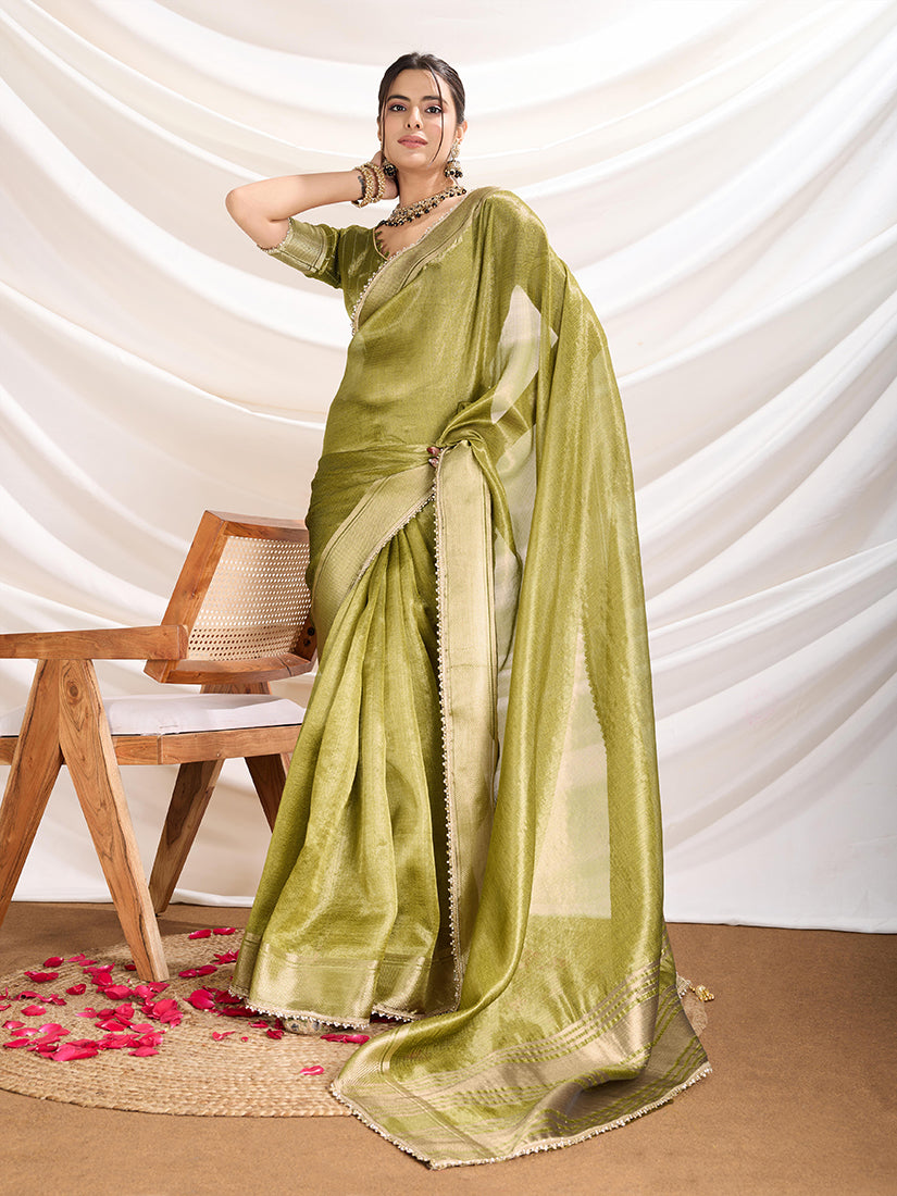 Monjolika Fashion Light Green Color Soft Linen Tissue Designer Border Work Saree | Grocsy