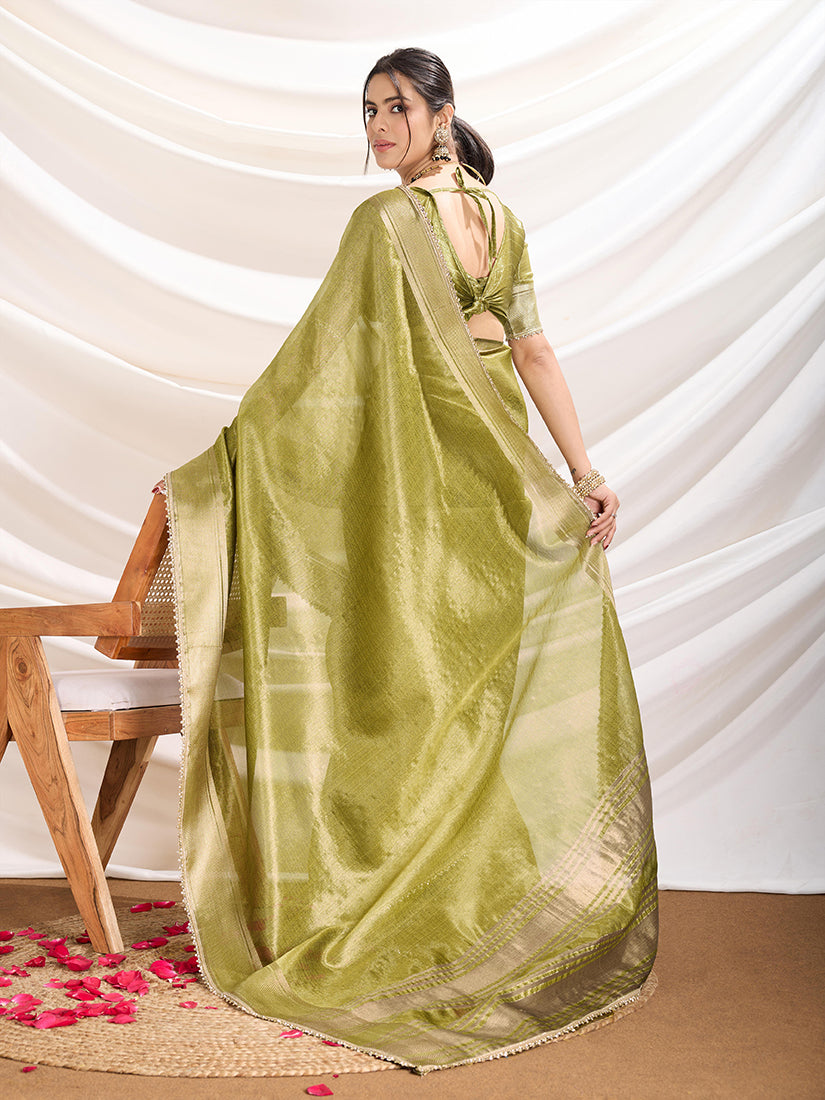 Monjolika Fashion Light Green Color Soft Linen Tissue Designer Border Work Saree | Grocsy