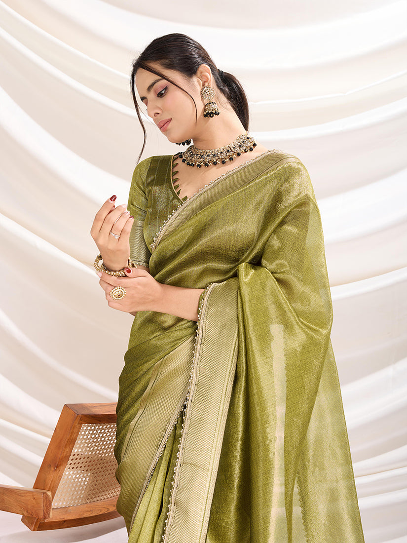 Monjolika Fashion Light Green Color Soft Linen Tissue Designer Border Work Saree | Grocsy