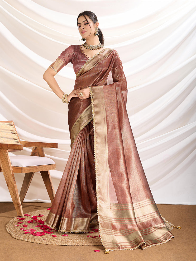 Monjolika Fashion Rust Color Soft Linen Tissue Designer Border Work Saree | Grocsy