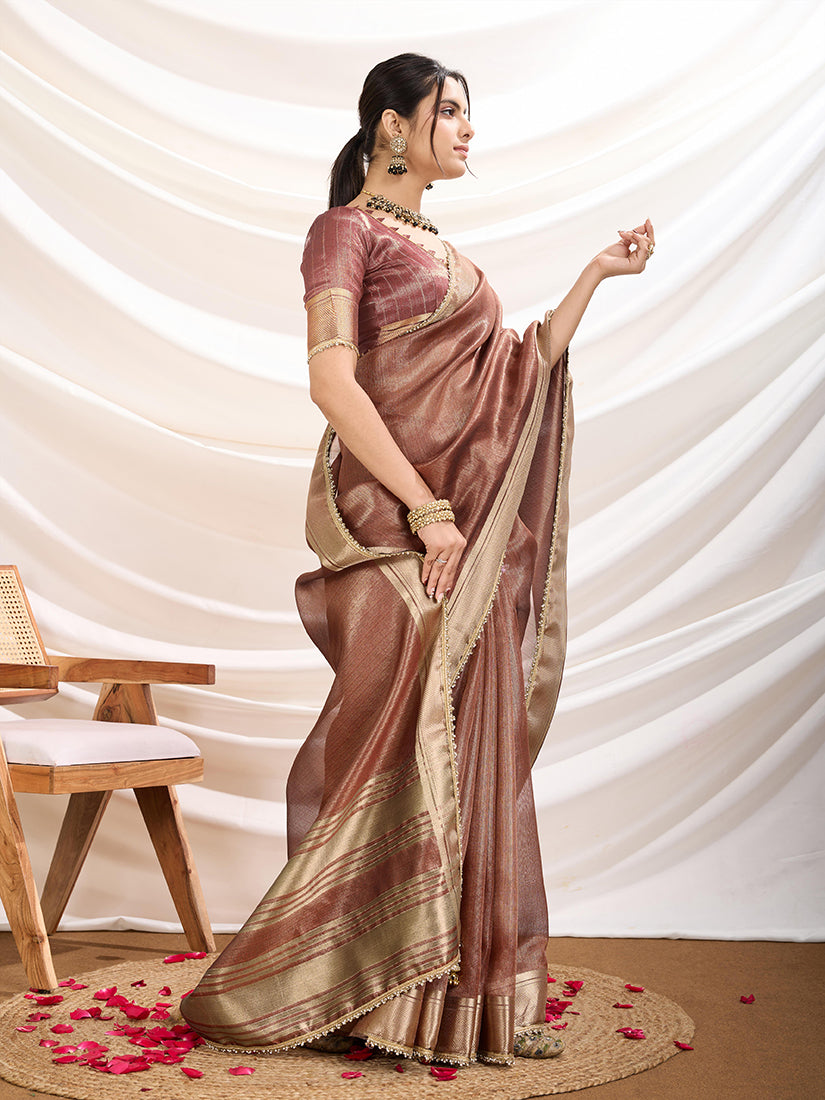Monjolika Fashion Rust Color Soft Linen Tissue Designer Border Work Saree | Grocsy
