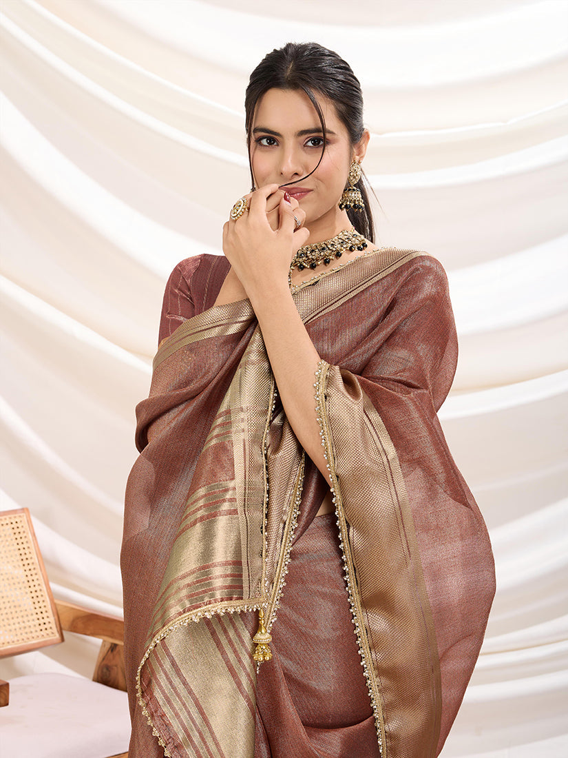 Monjolika Fashion Rust Color Soft Linen Tissue Designer Border Work Saree | Grocsy