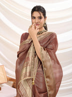 Monjolika Fashion Rust Color Soft Linen Tissue Designer Border Work Saree | Grocsy