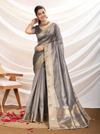 Monjolika Fashion Grey Color Soft Linen Tissue Designer Border Work Saree | Grocsy