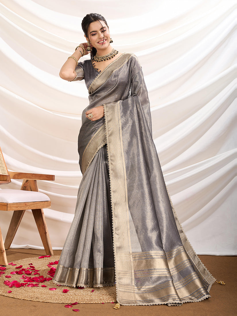 Monjolika Fashion Grey Color Soft Linen Tissue Designer Border Work Saree | Grocsy