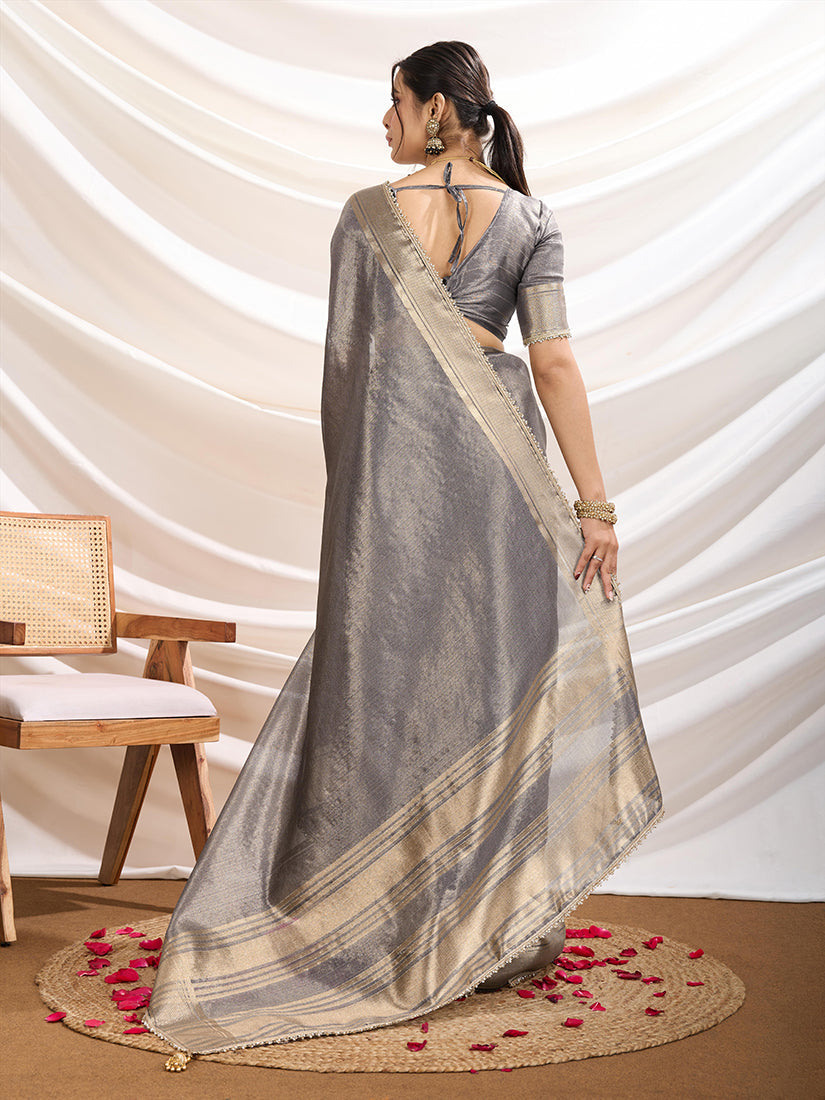Monjolika Fashion Grey Color Soft Linen Tissue Designer Border Work Saree | Grocsy