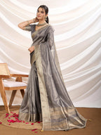 Monjolika Fashion Grey Color Soft Linen Tissue Designer Border Work Saree | Grocsy