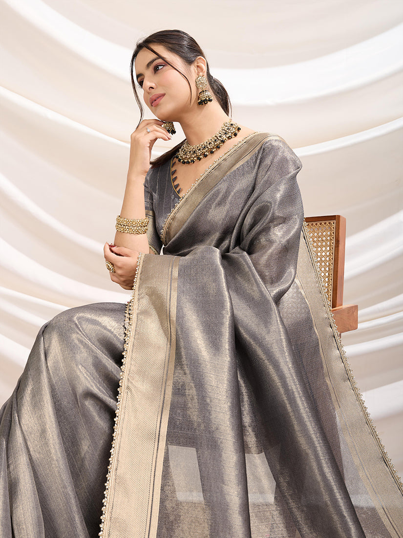Monjolika Fashion Grey Color Soft Linen Tissue Designer Border Work Saree | Grocsy
