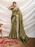 Monjolika Fashion Olive Green Color Soft Linen Tissue Designer Border Work Saree | Grocsy