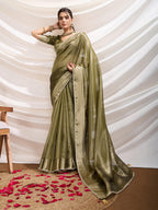 Monjolika Fashion Olive Green Color Soft Linen Tissue Designer Border Work Saree | Grocsy