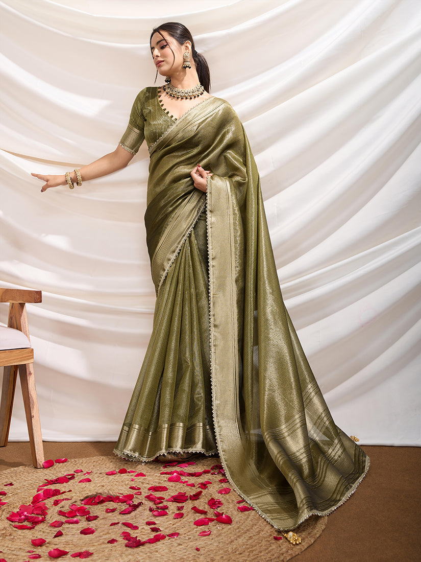 Monjolika Fashion Olive Green Color Soft Linen Tissue Designer Border Work Saree | Grocsy