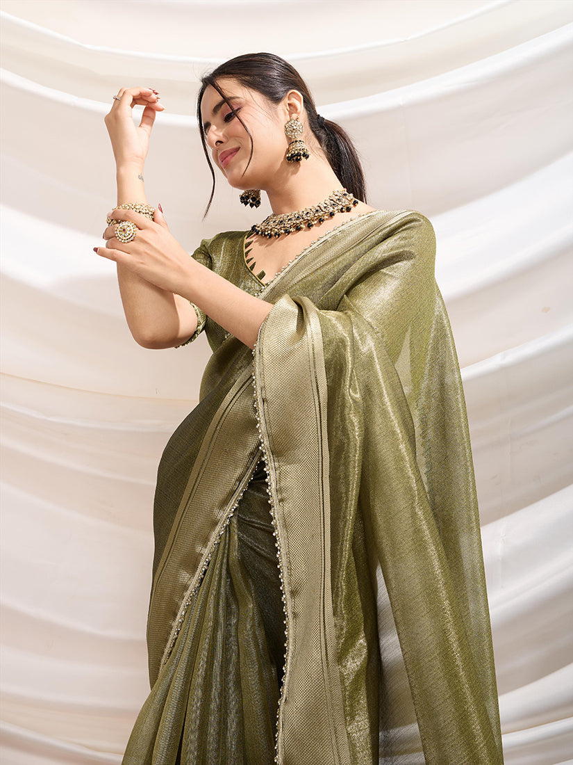 Monjolika Fashion Olive Green Color Soft Linen Tissue Designer Border Work Saree | Grocsy