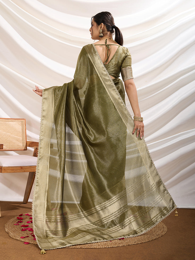 Monjolika Fashion Olive Green Color Soft Linen Tissue Designer Border Work Saree | Grocsy