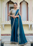 Monjolika Fashion Divine Teal Blue Satin Velvet Saree With Bewitching Blouse Piece | Grocsy