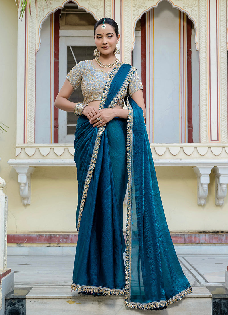 Monjolika Fashion Divine Teal Blue Satin Velvet Saree With Bewitching Blouse Piece | Grocsy