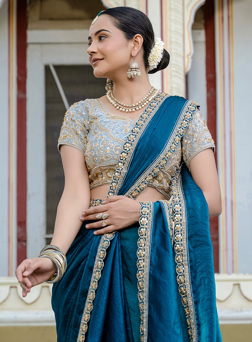Monjolika Fashion Divine Teal Blue Satin Velvet Saree With Bewitching Blouse Piece | Grocsy