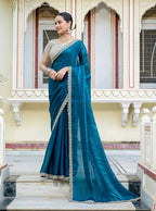 Monjolika Fashion Divine Teal Blue Satin Velvet Saree With Bewitching Blouse Piece | Grocsy