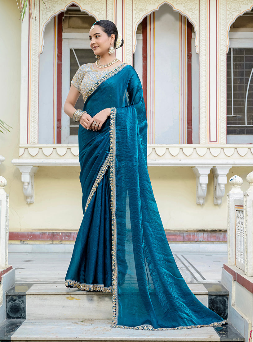 Monjolika Fashion Divine Teal Blue Satin Velvet Saree With Bewitching Blouse Piece | Grocsy