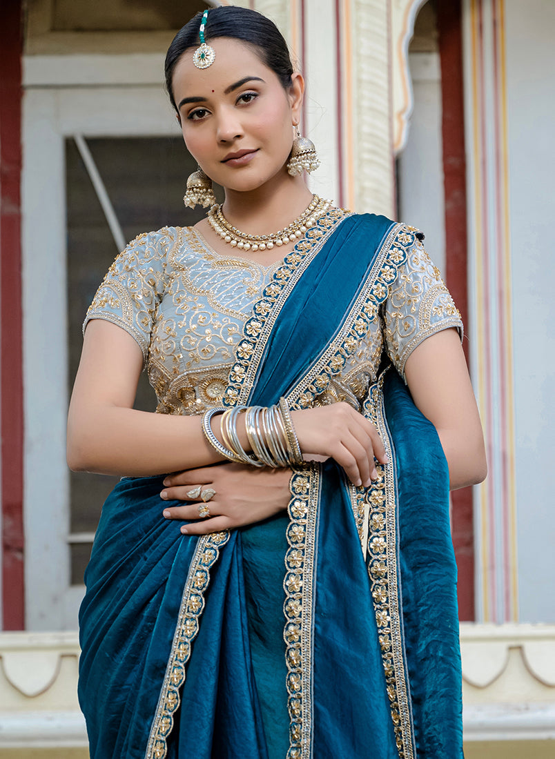 Monjolika Fashion Divine Teal Blue Satin Velvet Saree With Bewitching Blouse Piece | Grocsy