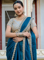 Monjolika Fashion Divine Teal Blue Satin Velvet Saree With Bewitching Blouse Piece | Grocsy