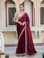 Monjolika Fashion Divine Maroon Satin Velvet Saree With Bewitching Blouse Piece | Grocsy