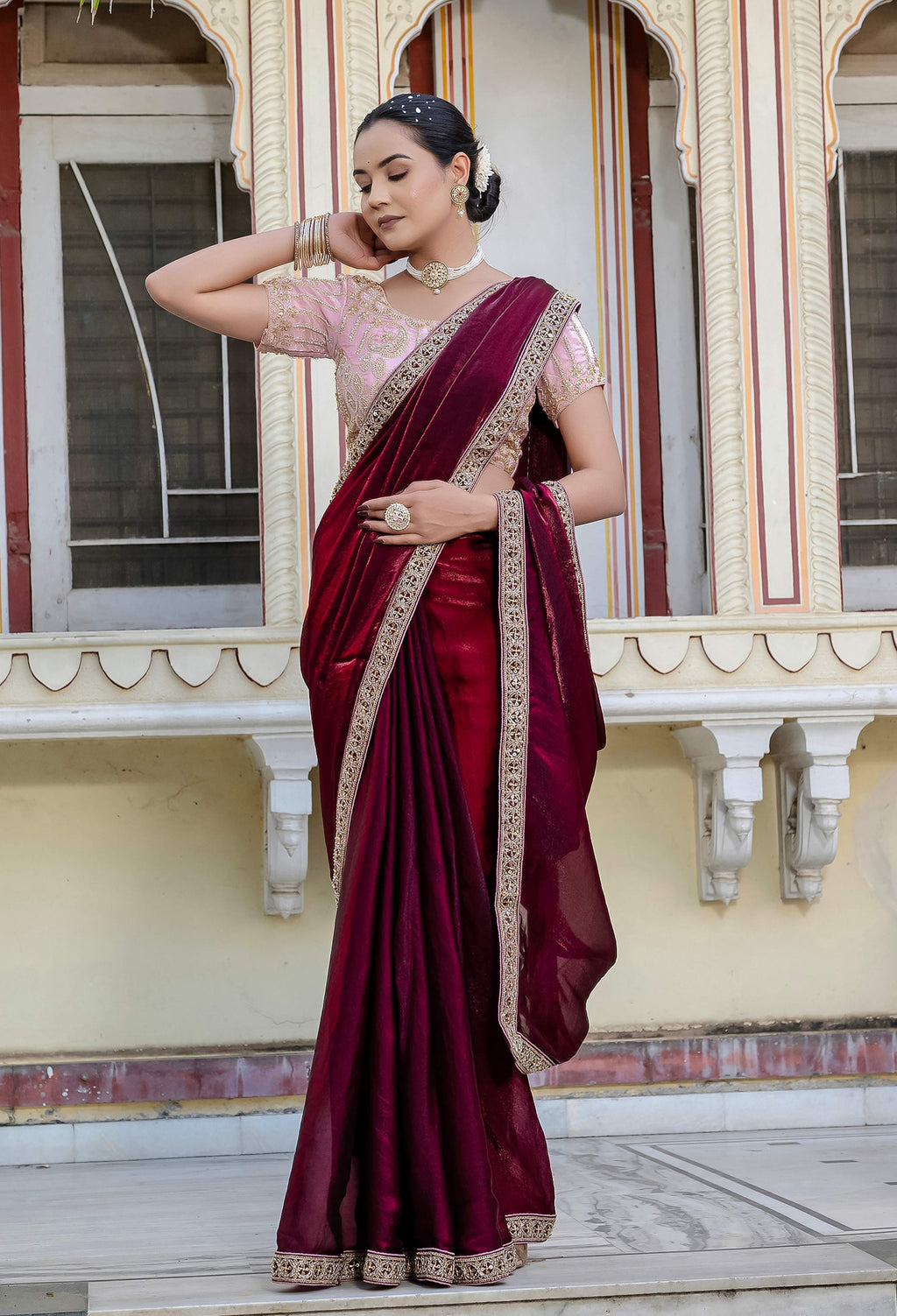 Monjolika Fashion Divine Maroon Satin Velvet Saree With Bewitching Blouse Piece | Grocsy